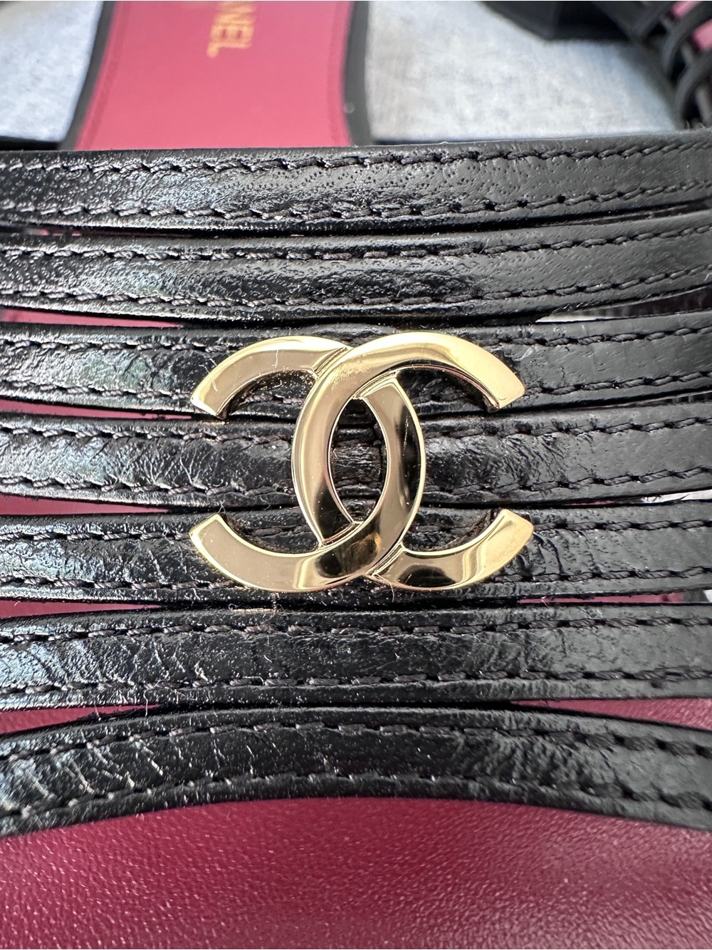 NEW CHANEL BLAZY Black strappy Leather GOLD CC FLIP FLOP Slides Flat Sandals 37C - Picture 12 of 15